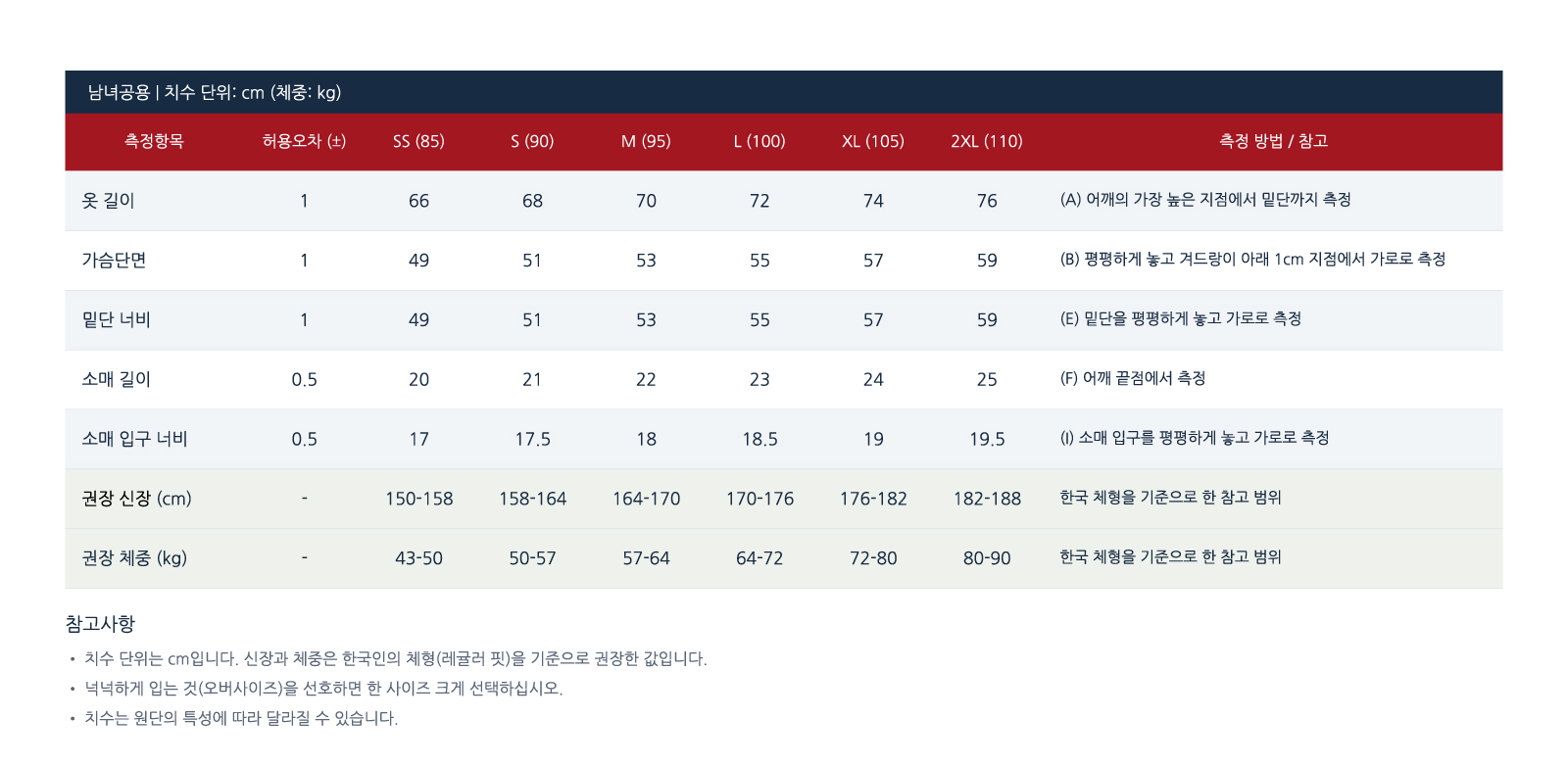 2026 평화의숲 마라톤 기념 티셔츠 사이즈표